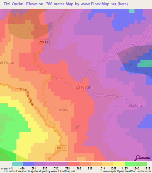 Tizi Ourhni,Algeria Elevation Map