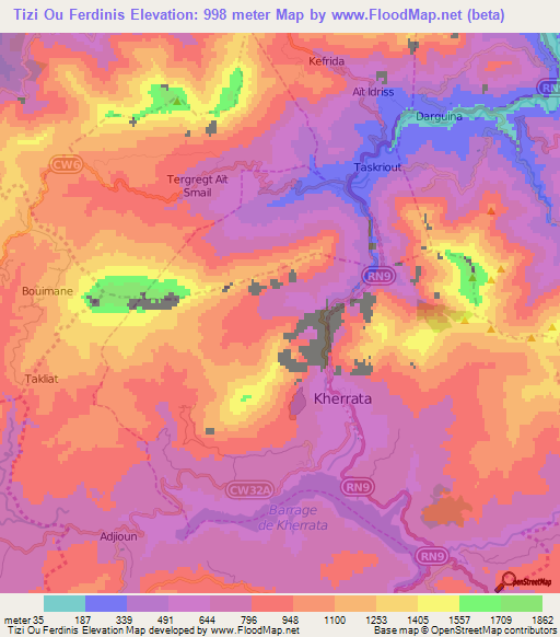 Tizi Ou Ferdinis,Algeria Elevation Map