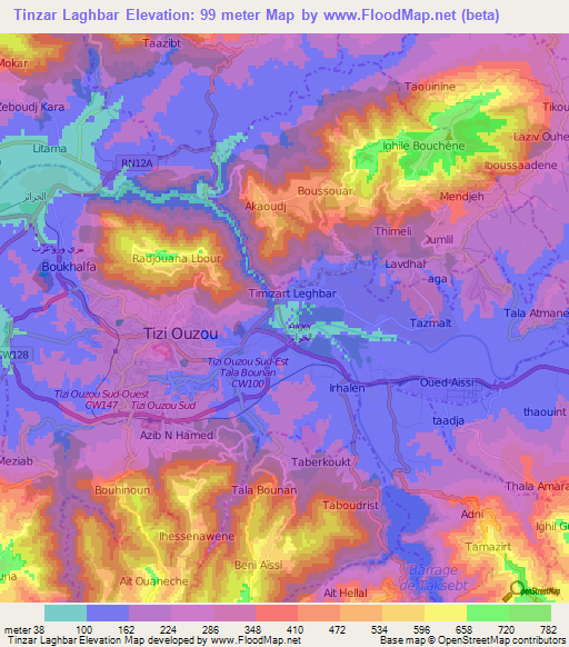 Tinzar Laghbar,Algeria Elevation Map