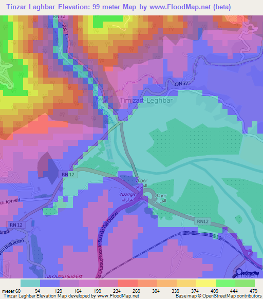 Tinzar Laghbar,Algeria Elevation Map