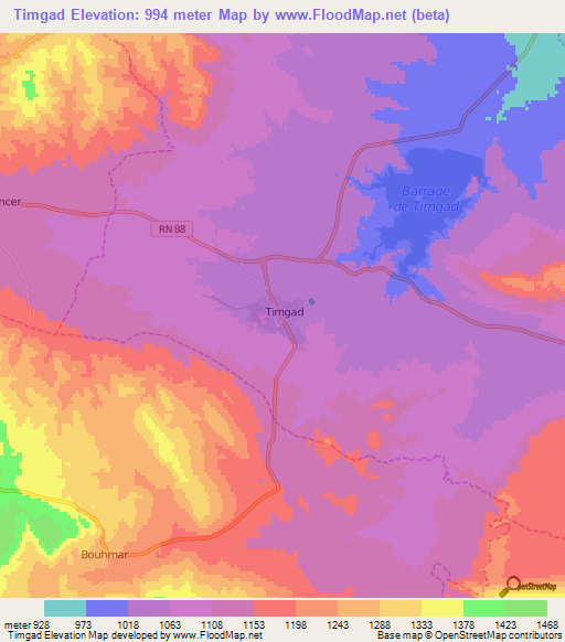 Timgad,Algeria Elevation Map
