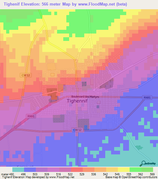 Tighenif,Algeria Elevation Map