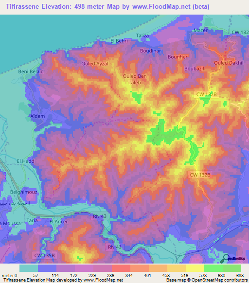 Tifirassene,Algeria Elevation Map