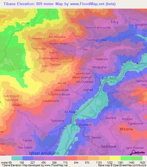 Tibane,Algeria Elevation Map