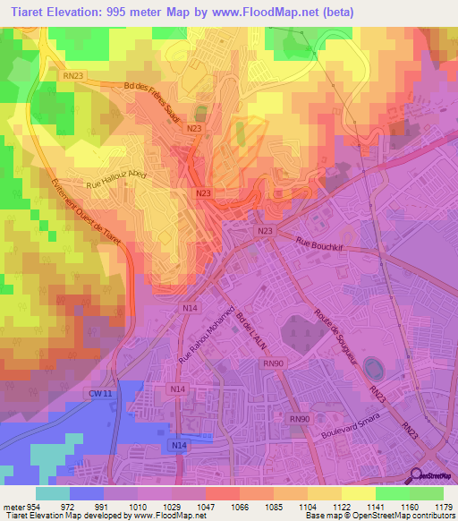 Tiaret,Algeria Elevation Map
