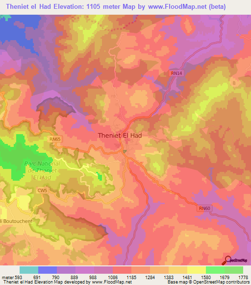 Theniet el Had,Algeria Elevation Map