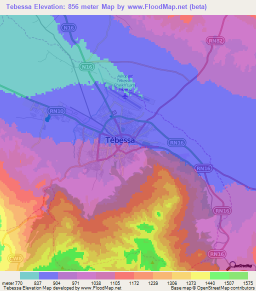 Tebessa,Algeria Elevation Map