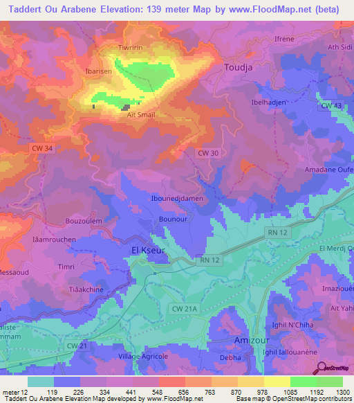 Taddert Ou Arabene,Algeria Elevation Map