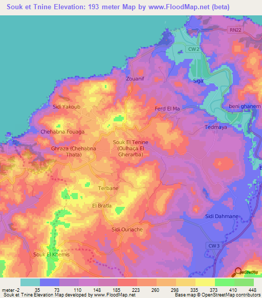 Souk et Tnine,Algeria Elevation Map