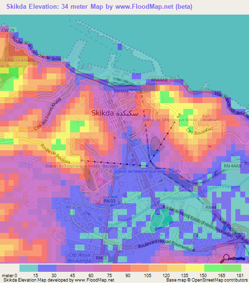 Skikda,Algeria Elevation Map