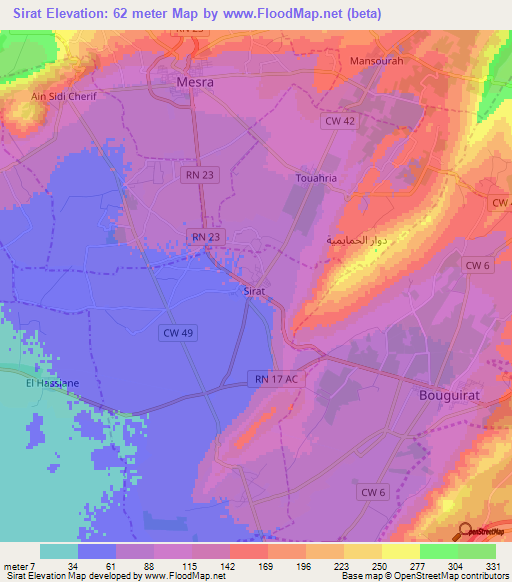 Sirat,Algeria Elevation Map