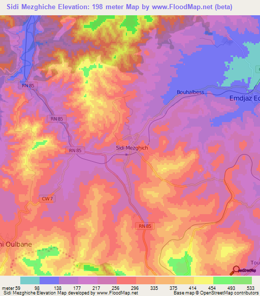 Sidi Mezghiche,Algeria Elevation Map