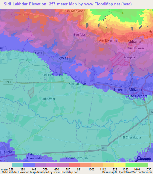 Sidi Lakhdar,Algeria Elevation Map