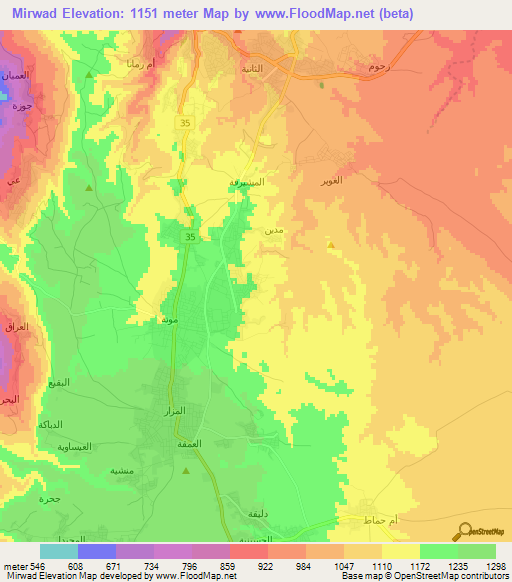 Mirwad,Jordan Elevation Map
