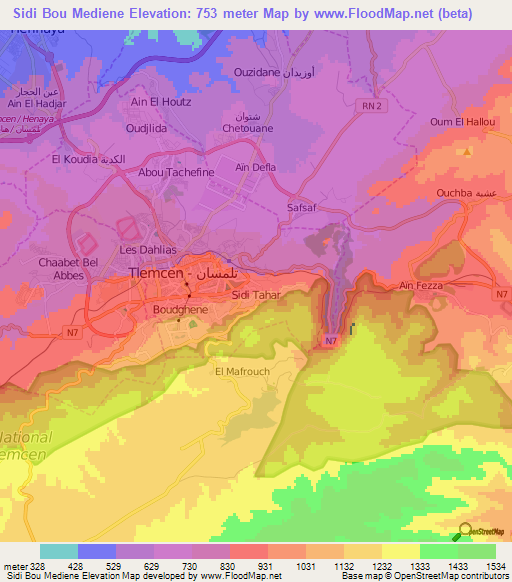 Sidi Bou Mediene,Algeria Elevation Map