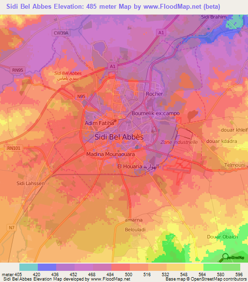 Sidi Bel Abbes,Algeria Elevation Map
