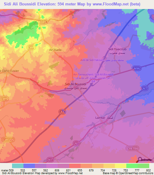 Sidi Ali Boussidi,Algeria Elevation Map
