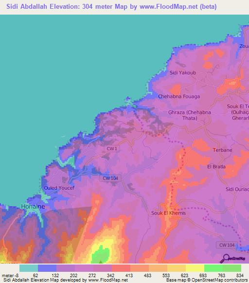 Sidi Abdallah,Algeria Elevation Map