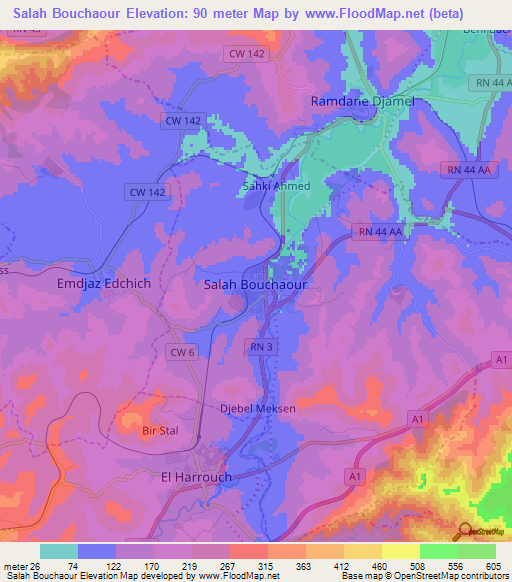 Salah Bouchaour,Algeria Elevation Map