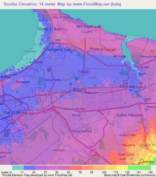 Rouiba,Algeria Elevation Map