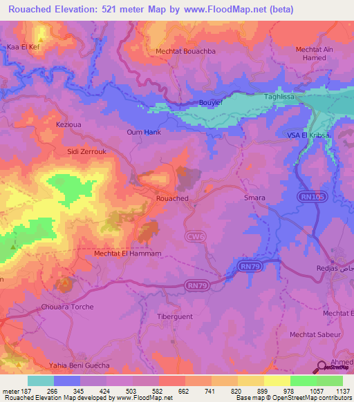 Rouached,Algeria Elevation Map