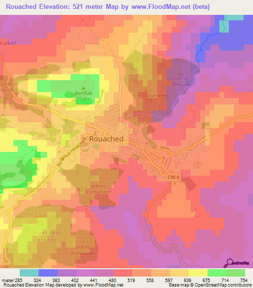 Rouached,Algeria Elevation Map
