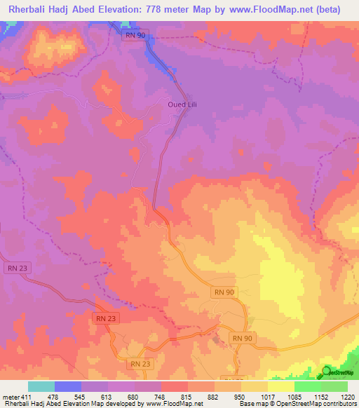 Rherbali Hadj Abed,Algeria Elevation Map
