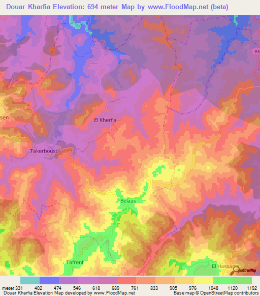 Douar Kharfia,Algeria Elevation Map