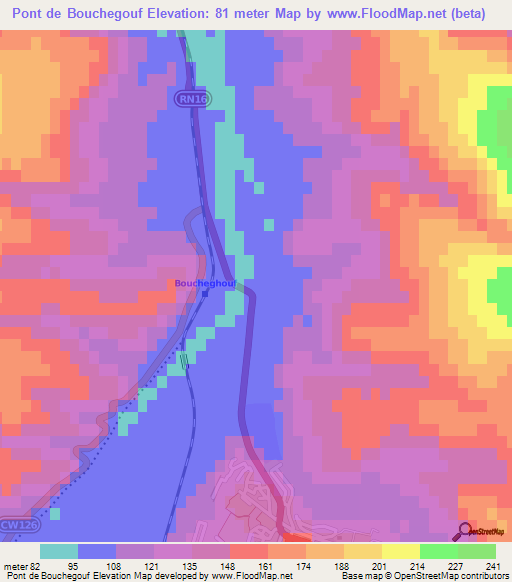 Pont de Bouchegouf,Algeria Elevation Map