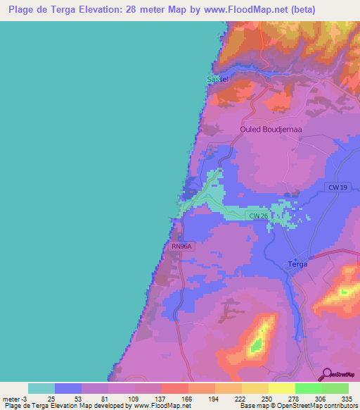 Plage de Terga,Algeria Elevation Map