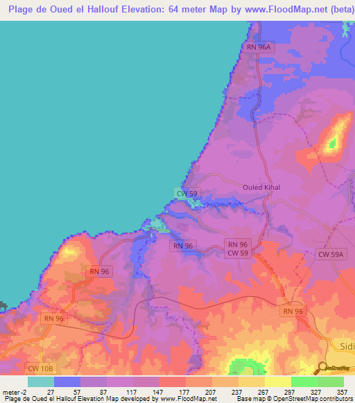 Plage de Oued el Hallouf,Algeria Elevation Map