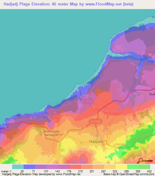 Hadjadj Plage,Algeria Elevation Map