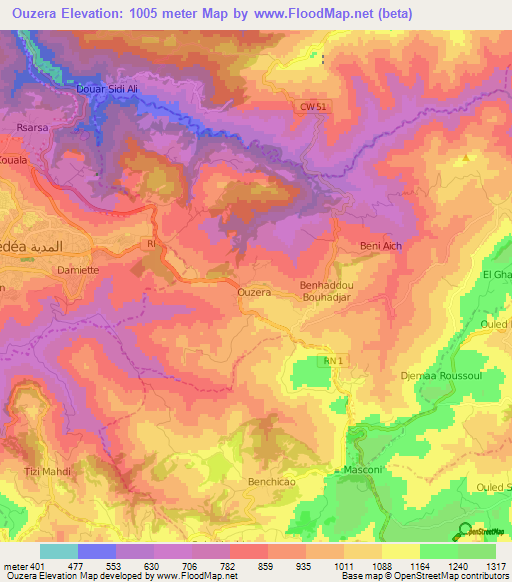 Ouzera,Algeria Elevation Map
