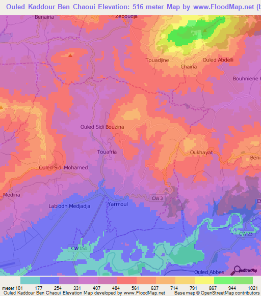 Ouled Kaddour Ben Chaoui,Algeria Elevation Map