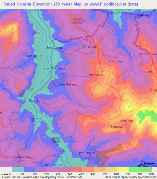 Ouled Hamida,Algeria Elevation Map