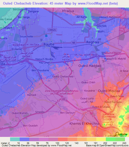 Ouled Chebacheb,Algeria Elevation Map