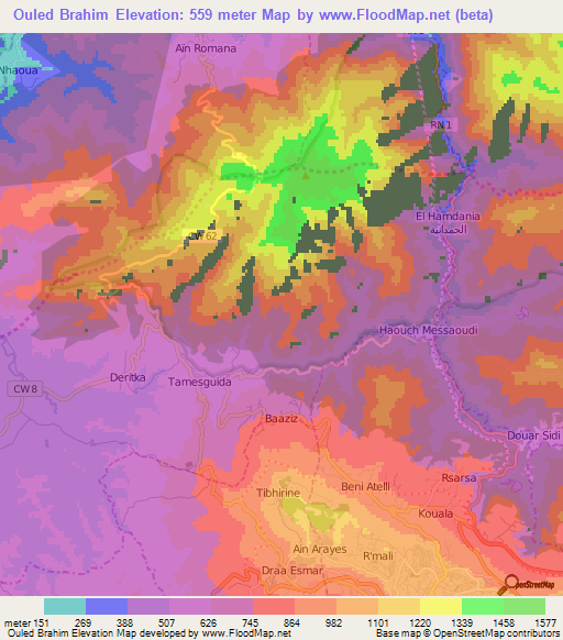Ouled Brahim,Algeria Elevation Map