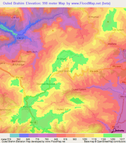 Ouled Brahim,Algeria Elevation Map