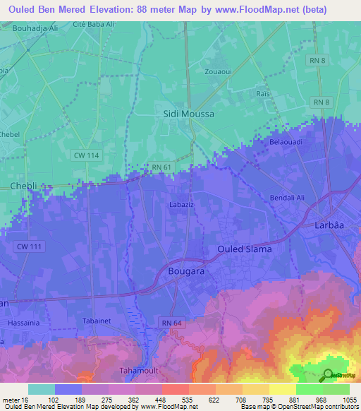 Ouled Ben Mered,Algeria Elevation Map