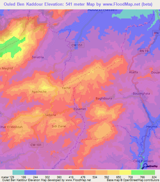 Ouled Ben Kaddour,Algeria Elevation Map