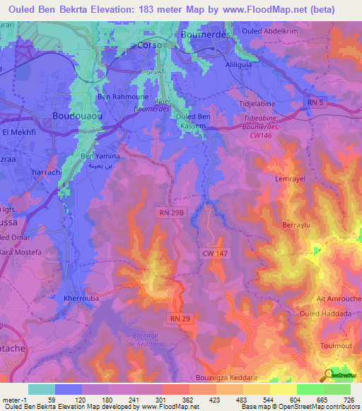 Ouled Ben Bekrta,Algeria Elevation Map