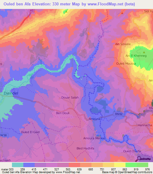 Ouled ben Afa,Algeria Elevation Map