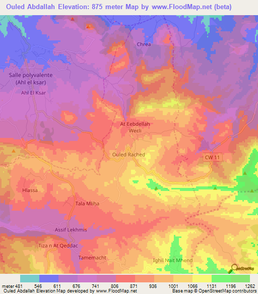 Ouled Abdallah,Algeria Elevation Map