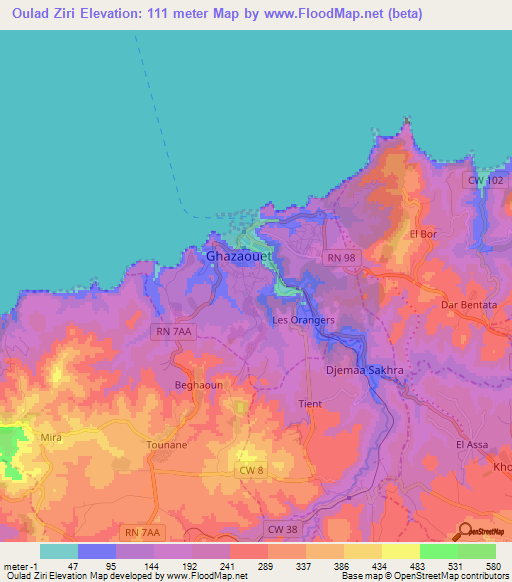 Oulad Ziri,Algeria Elevation Map