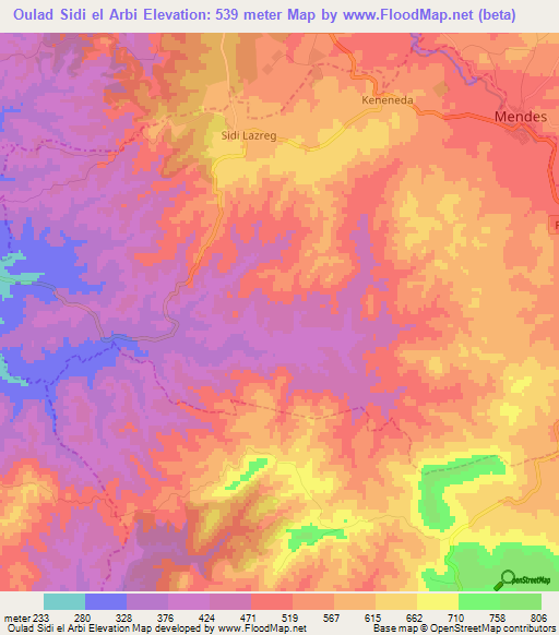 Oulad Sidi el Arbi,Algeria Elevation Map