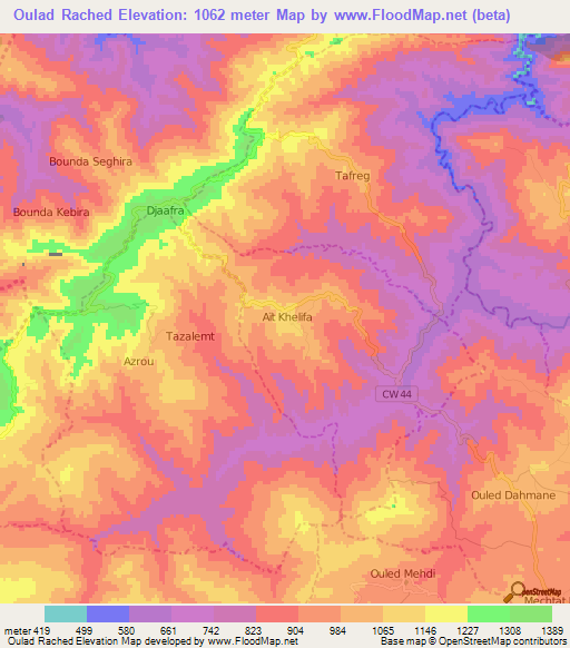 Oulad Rached,Algeria Elevation Map