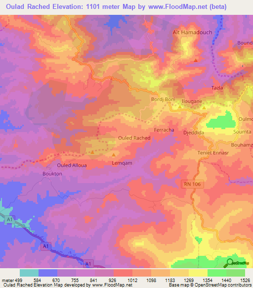 Oulad Rached,Algeria Elevation Map