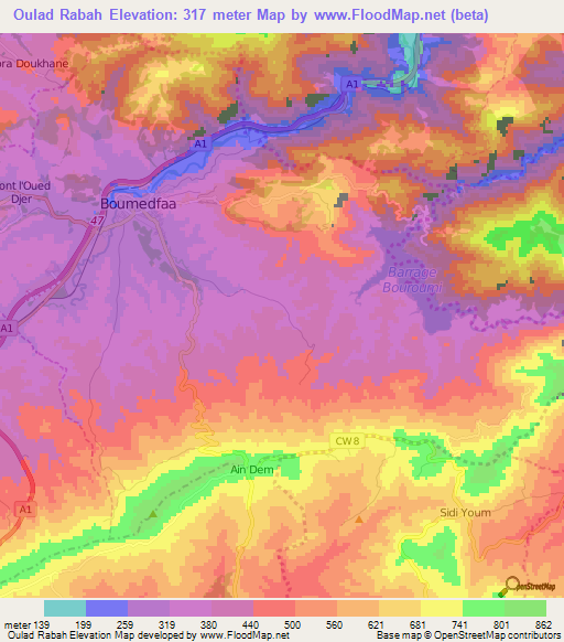 Oulad Rabah,Algeria Elevation Map