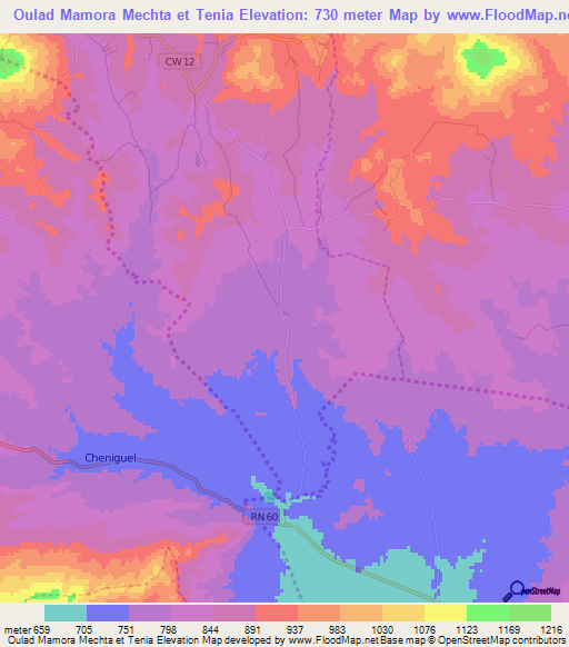 Oulad Mamora Mechta et Tenia,Algeria Elevation Map
