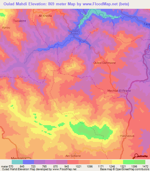 Oulad Mahdi,Algeria Elevation Map